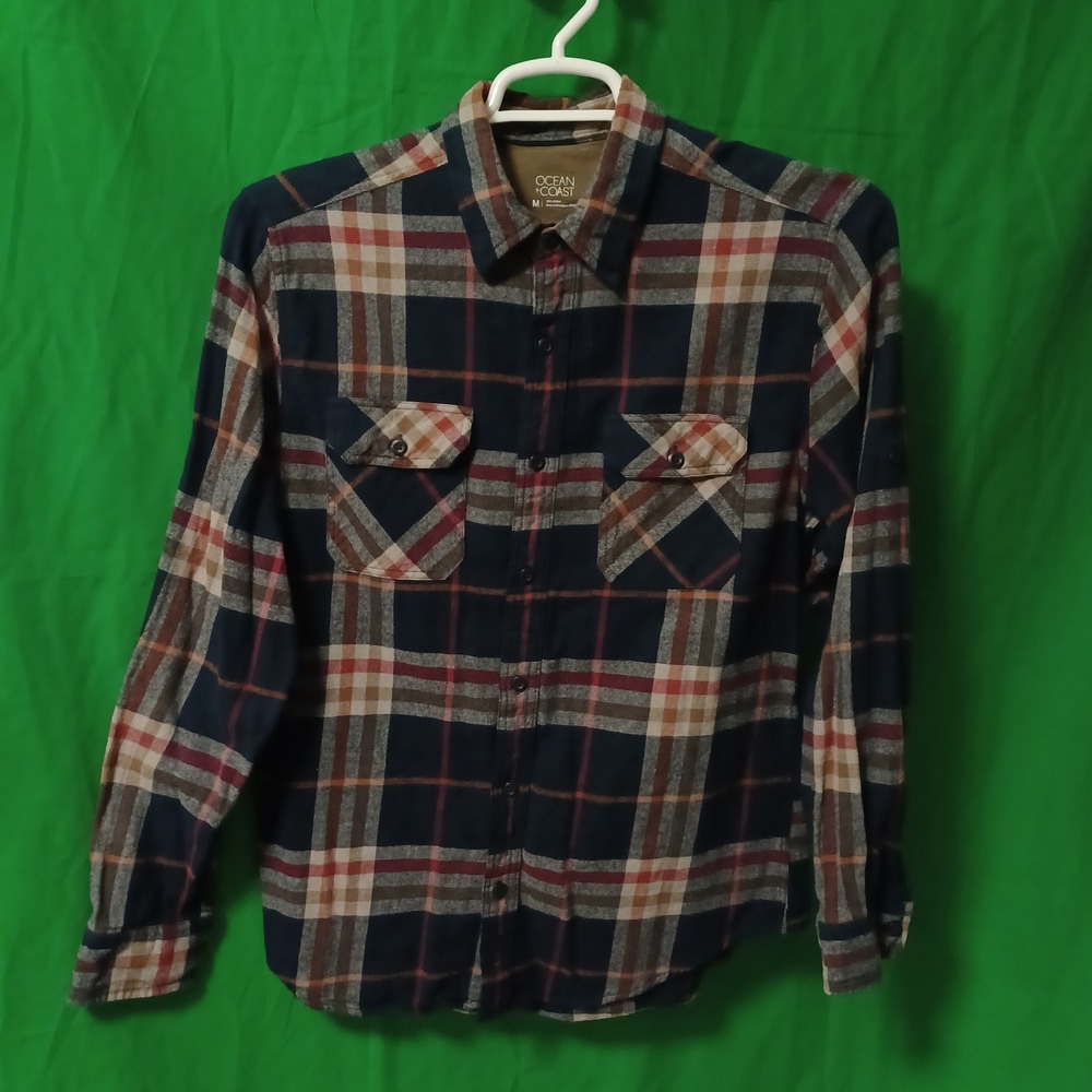 Ocean Coast Mens Plaid Flannel Button Down Shirt Navy Blue Red Tan Size M